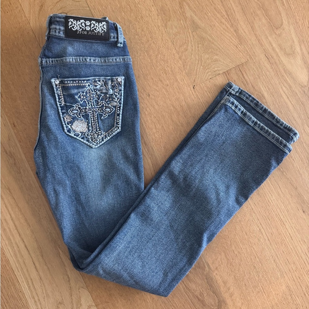 J for Justify vintage 90’s Y2K jeans Decorative bling cross accent Stitching